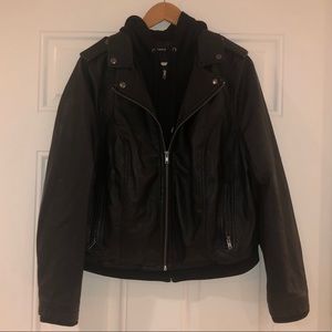 Black Leather Bomber Jacket with Hoodie